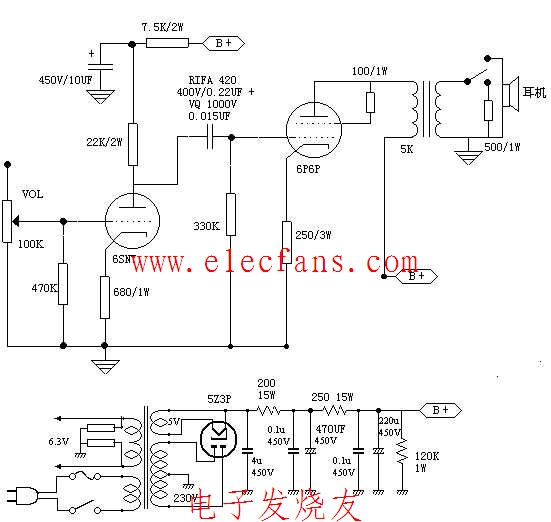 6j1x2 6n3x2 6z4胆前级放大电路图 6j1x2 6n3x