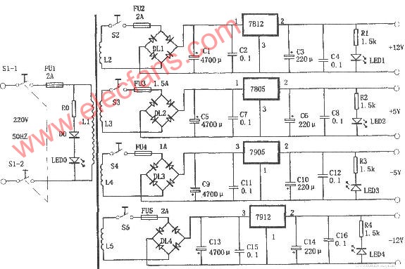 多路输出的稳压电源电路(7912,7805)