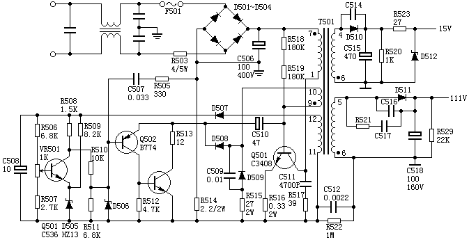 q501及周边元件构成取样稳压电路,t501的(11),(12)脚为误差电压