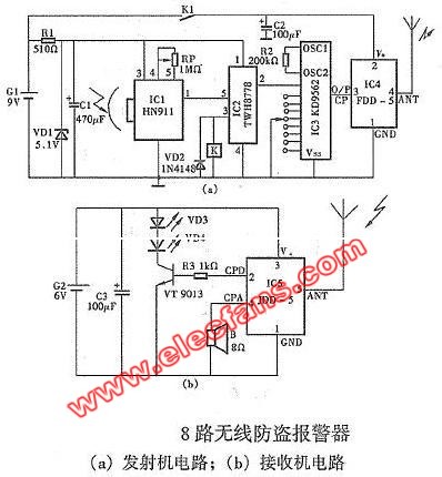 8路无线防盗报警器电路图