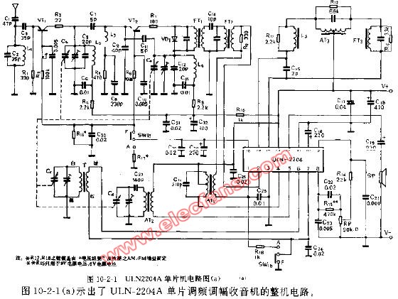 uln-2204a单片调频调幅收音机电路