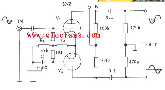 电子管共阴极负载式倒相电路,电子管有6n2.