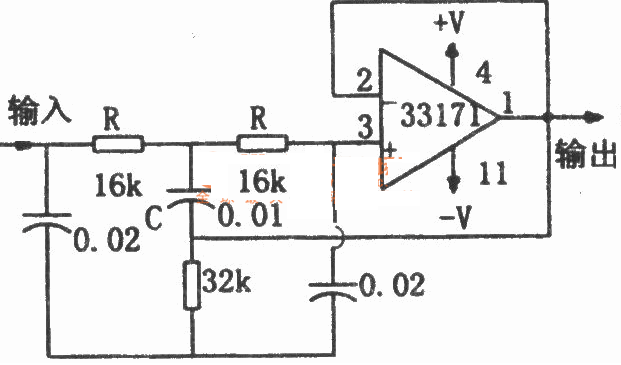 如图所示为陷波电路.该电路利用高性能器件mc33171运放构成陷波器.