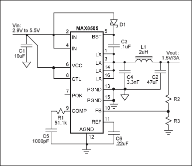 图1. MAX8505内置开关的降压调节器