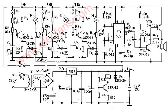 多路防盗报警器电路图 - 光电报警电子电路图 - 电子