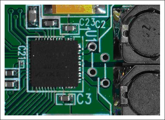 Figure 3. The wide trace on the right side of the Class D amplifier helps conduct heat.