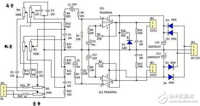 基于tda2030a功放的低音炮电路图 - 功率放大器电路图