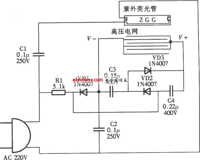 这个单管灭蚊灯原理简单易自制,是学习电路的好单元,其具体电路图如下