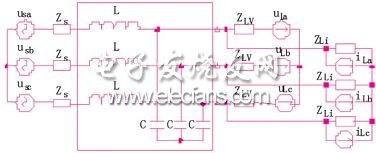单级lc滤波器-三相不控整流桥-电解电容-负载系统谐波等效电路