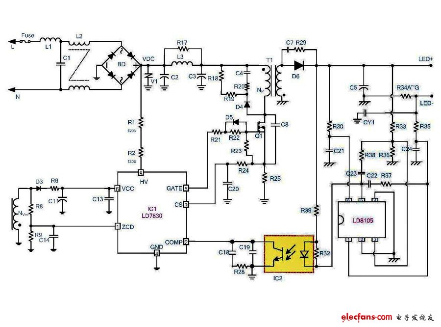 ld7830 ld8105组成的24v-0.7a电源电路