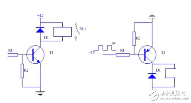 具体电路如下:当输入高电平时,晶体管t1饱和导通,继电器线圈通电,触点