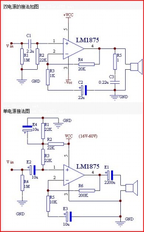 lm1875雙電源 單電源接法放大電路圖