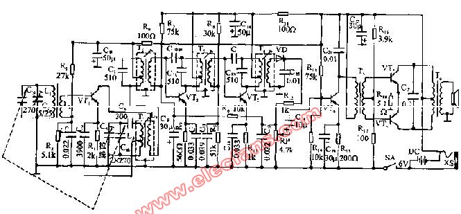 晶體管超外差式六管收音機電路圖