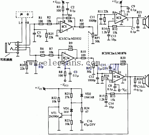 为了简化电路,本音箱中的功放电路采用了集成电路,具体电路如图4所示