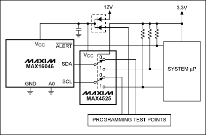 Figure 1. The MAX16046 shares its I²C bus through the MAX4525 multiplexer/switch.