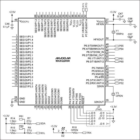 Figure 3. This schematic (based on the MAXQ2000 low-power LCD µC) depicts an I²C master capable of operating in Standard, Fast, or Hs mode.