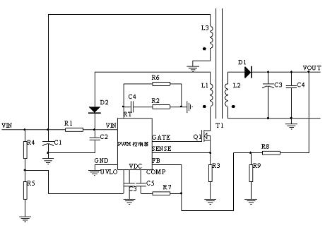 PWM controller + MOSFET实现FLYBACK 示意图