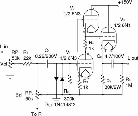 6n3 lm4780功放製作及電路 如下是電子管前級電路.