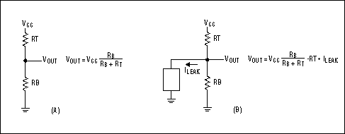 Figure 3. This simple resistor-divider analogy represents a voltage reference unloaded (A) and loaded (B).