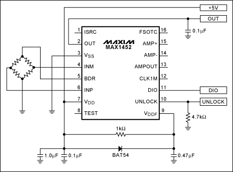 图1. MAX1452典型应用电路中增加肖特基二极管，以解决VDD电源驱动受限问题