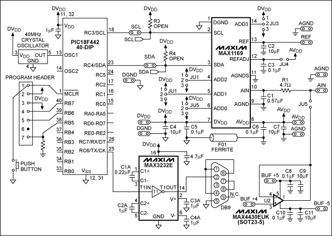 图2. PIC18F442 µC内置I²C接口与16位ADC (MAX1169)的连接