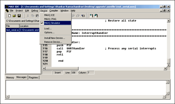 Figure 3. The MAXQ Simulator is accessed from the Device menu.