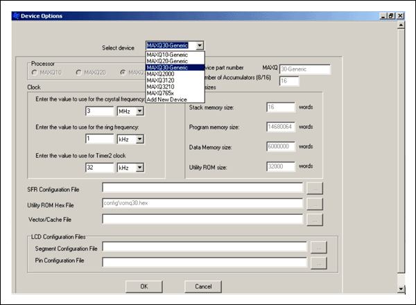 Figure 4. The Options window asks you to choose a MAXQ device.