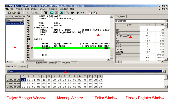 Figure 5. The Debug Windows with the breakpoint indicated by the green arrow and line.