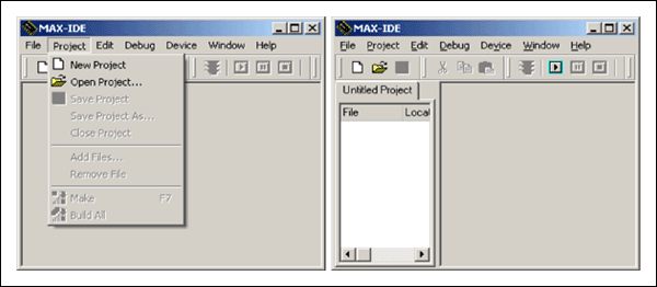 Figure 1. MAX-IDE's  initial screens used to create a project.