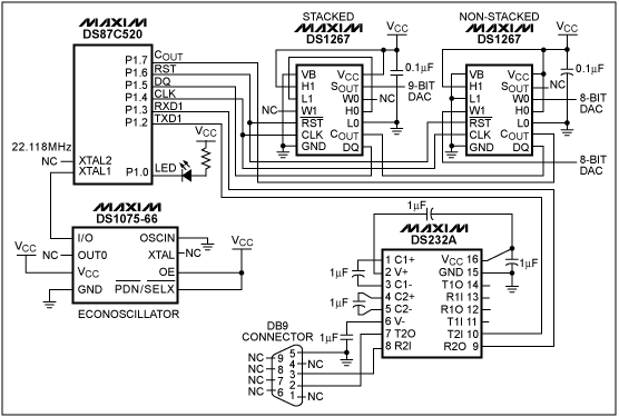 Figure 4. DS87C520 Microprocessor DS232A Serial Port Transmitter, and Two DS1267s Daisy-Chained on a 3-Wire Bus.