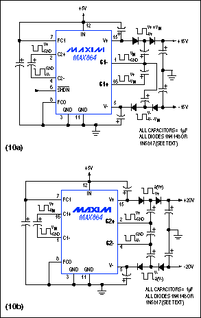 Figure 10. You can obtain higher output voltage from many charge-pump ICs by augmenting the circuit with external diodes and capacitors. These circuits supply up to ±20V.