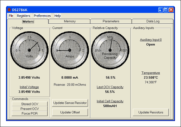 图3.评估板软件实时更新DS2786K中METERS标签内Relative Capacity区域的数据。