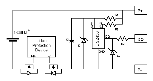 Figure 2. Recommended schematic for single-cell Li+ pack with low-side n-channel protection FETs.