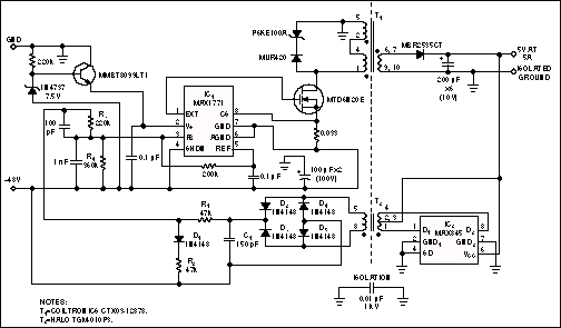 Figure 4. Transformer-coupled feedback uses a separate transformer to allow for the optimum feedback in a -48V to 5V flyback converter. T1 provides forward isolation; T2 isolates the feedback signal.