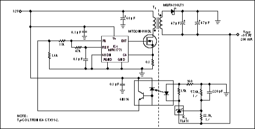 Figure 3. In an optoisolator-feedback flyback design, a transformer isolates the main output, -9V, and an optoisolator isolates the feedback signal.