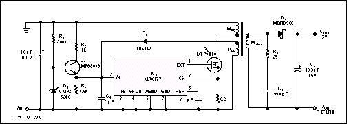 Figure 2. Using only one transformer, a coupled-winding-feedback, +5 to -48V flyback converter can use a bias winding, WFB, to provide an isolated-feedback voltage and to generate a bias supply for the switching controller, IC1.