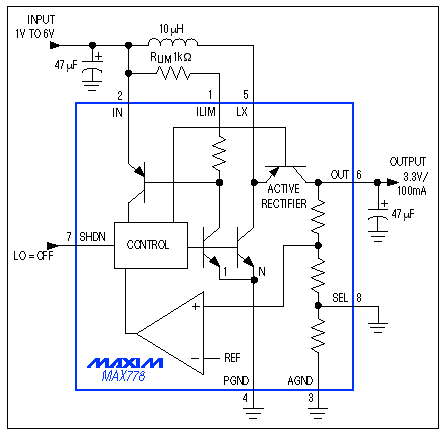 Figure 7. This single-IC boost converter has an internal synchronous rectifier. It maintains a regulated 3.3V output for inputs ranging from 1V to 6V.