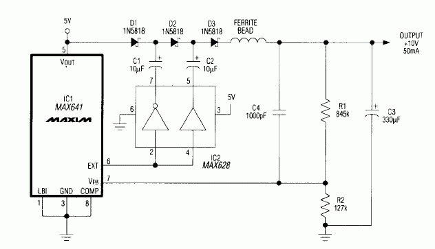 Figure 1. The diode-capacitor tripler network in this step-up switching regulator develops 10V from a 5V input, and delivers 50mA.