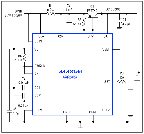 Figure 1. Designed for single lithium-ion cells, this battery-charging circuit is ideal for use in a stand-alone cradle charger.