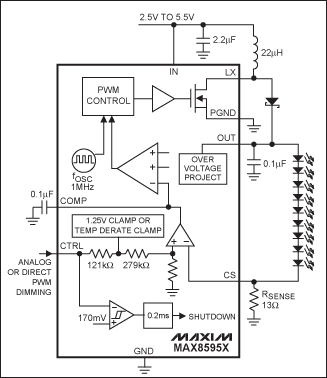 Figure 12. Current regulation with the MAX8595X inductive boost converter drives up to 9 LEDs.