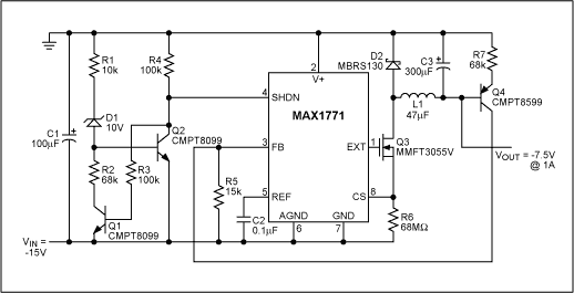 Figure 1. This negative step-down circuit regulates -15V down to -7.5V.