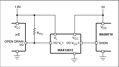 Figure 2. Using the MAX13013 to interface a µC to the MAX9718.