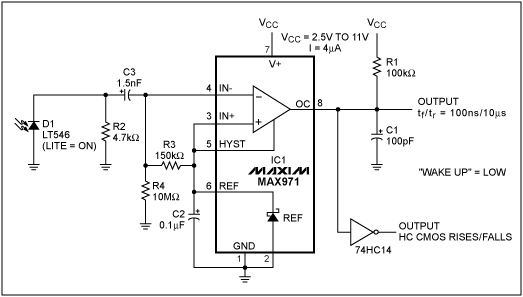 Figure 1. This low-quiescent-current circuit (4µA maximum) interrupts the host processor when it detects an IR signal.