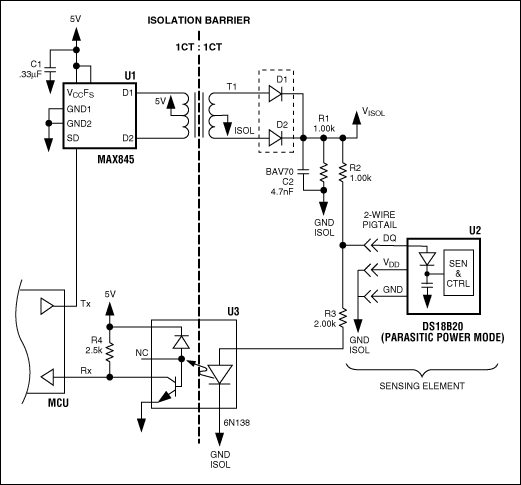 Figure 1. Using the Dallas Semiconductor 1-Wire serial bus, this interface circuit provides isolated power and bidirectional communications between a master (MCU) and a sensing element.