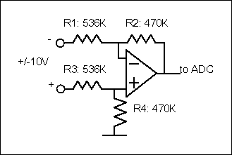 Figure 3. A simple differential amplifier provides high input impedance and a single-ended output.