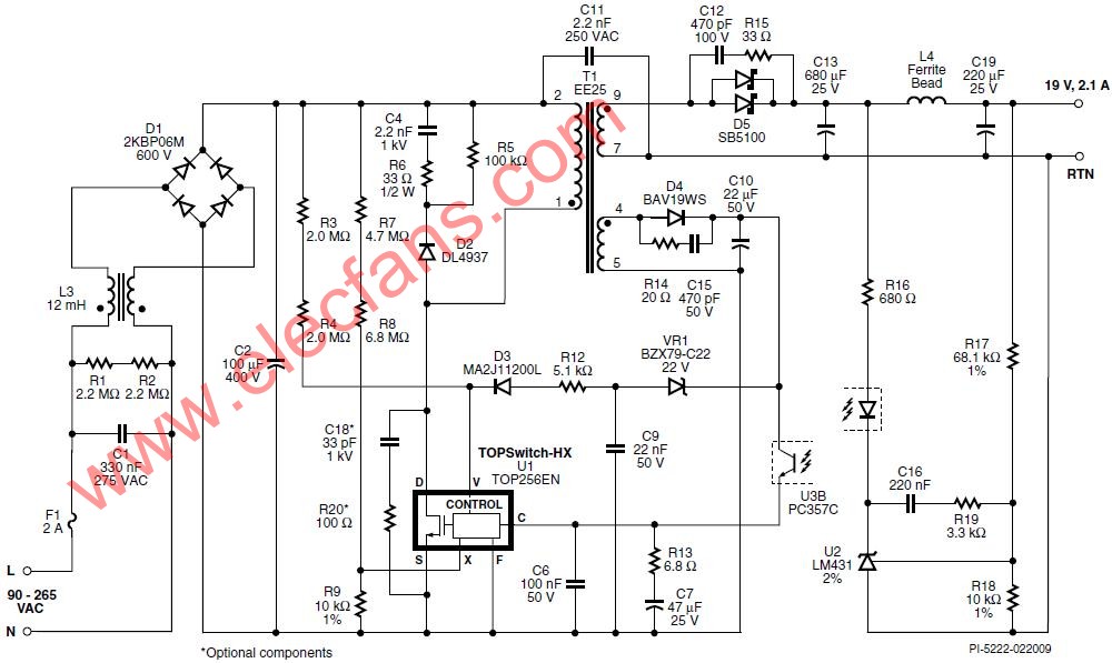 使用top256en設計的40 w筆記本電源的電路圖