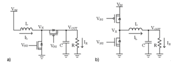 图1：普通的基于电感的升压(a)降压(b开关调节器。