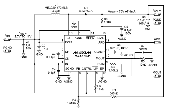 图1. MAX15031升压转换器原理图，FSW = 400kHz (固定)。