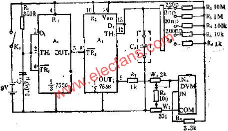 CC7556双定时器在数字电容表中的应用电路图  www.elecfans.com