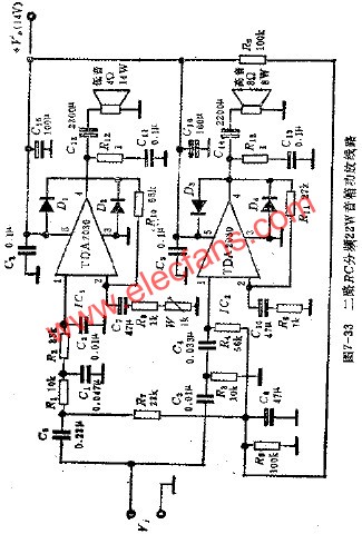 二路RC分频22W音箱功放电路